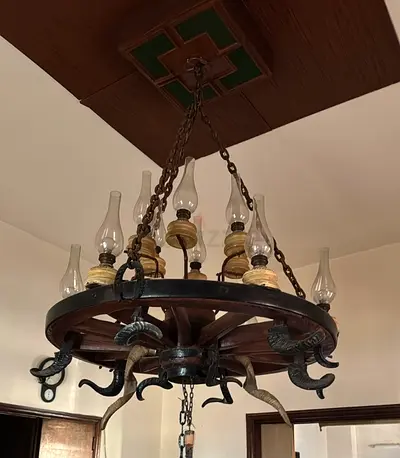 Rustic Wagon Wheel Chandelier with Oil Lamp Style Bulbs