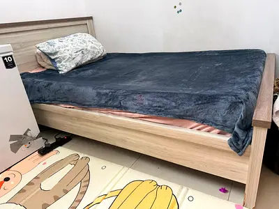 Single wooden bed frame with mattress - light oak finish