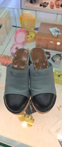 Light blue leather slide sandals, used women's size (open-toe mules)