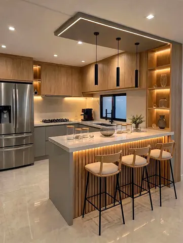 Modern kitchen cabinets with kitchen island and built-in lighting