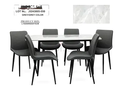 6-Seater Grey Dining Table with Marble Top and Upholstered Chairs