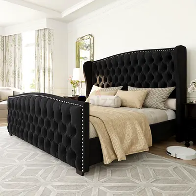 Black Tufted Wingback Bed Frame with Studded Detail