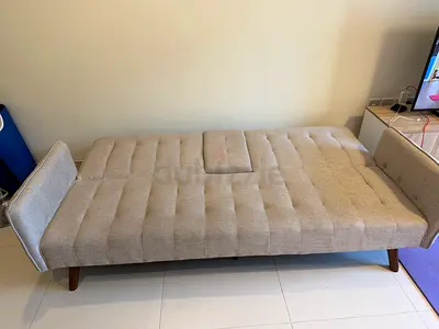 Beige Fabric Sofa Bed / Daybed with Wooden Legs - Good Condition
