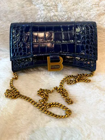 Balenciaga Hourglass Wallet on Chain in Shiny Crocodile Embossed Calfskin Blue