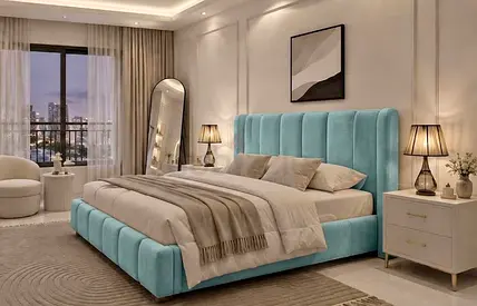 Brand New Light blue upholstered king-size bed with padded headboard