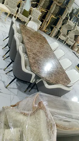 Marble-look Dining Table with 10 Upholstered Chairs - Good Condition