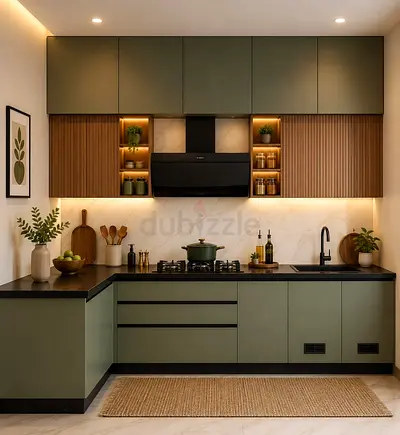 Modern L-shaped Olive Green Kitchen Cabinets with Black Countertop