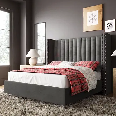 Grey Upholstered King Bed with Padded Headboard and Nailhead Trim