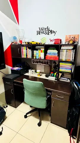 Custom made sturdy Dark Wood Study Desk with Overhead Shelves and Drawers