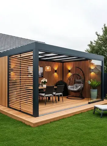 Modern outdoor pergola with wooden slats — covered garden lounge
