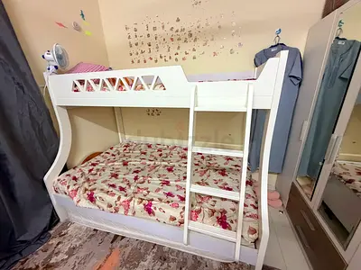 White Wooden Bunk Bed with Ladder - Good Condition