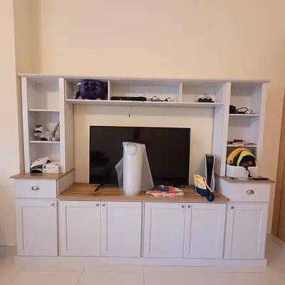 White Wooden Entertainment Center / TV Unit with Shelves and Cabinets