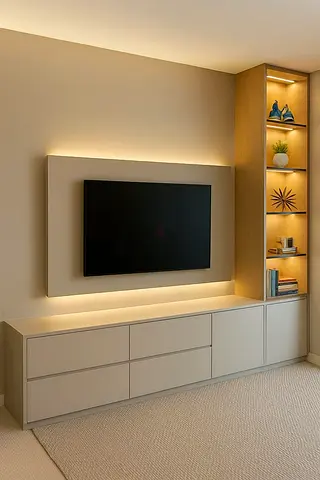 Modern TV Entertainment Unit with Integrated Shelving and LED Lighting