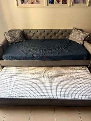 Queen upholstered bed frame with tufted headboard - good condition negotiable Includes ONE MATTRESS