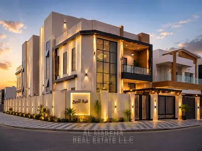 Luxury corner villa for sale in Al Yasmin – Ajman | 6 master bedrooms + majlis + 2 living rooms + roof terrace. Prime location. Price includes registr
