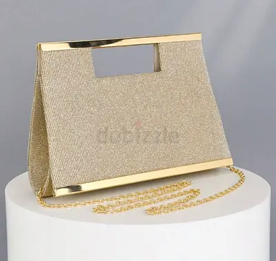 Gold Glitter Evening Clutch Bag with Chain Strap