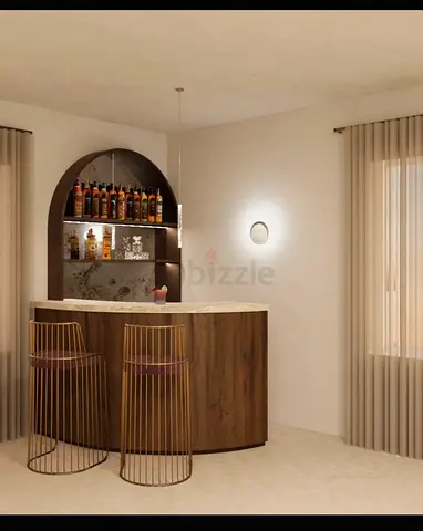 Wooden Home Bar Unit with Marble Top and Shelving