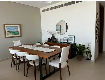 Solid Wood Dining Table with 8 White Upholstered Chairs - Modern Set