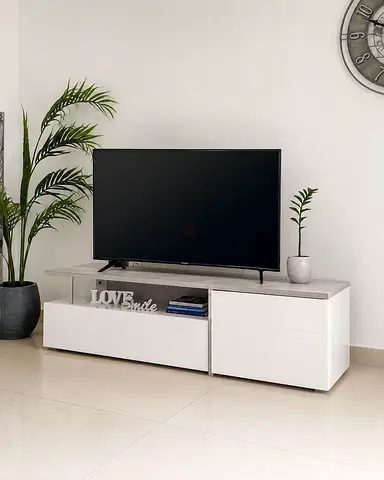 Low-profile modern TV cabinet with storage - white and light wood finish