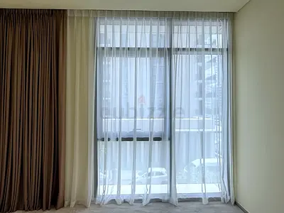 Full-length brown blackout curtains with white sheer brand-new custom-made