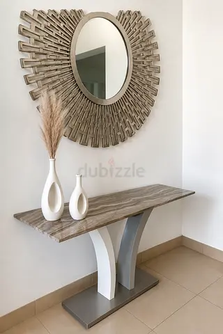 Modern Marble-Effect Console Table with Round mirror