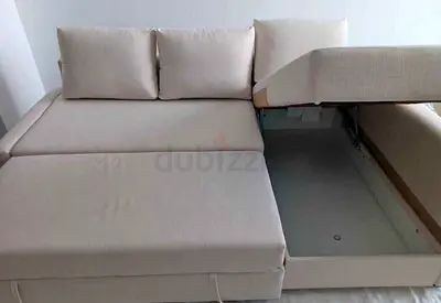 Beige L-Shaped Sofa Bed with Storage