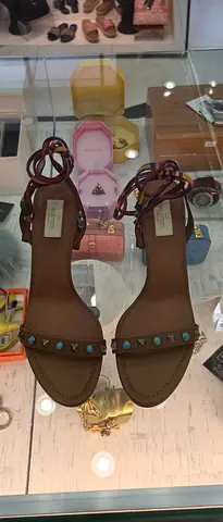 Valentino-inspired Brown Leather Studded Ankle Tie Sandals, Size Unknown