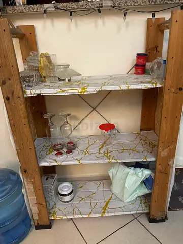 Rustic Wooden Shelving Unit with Marble-Effect Shelves - 3 Tier
