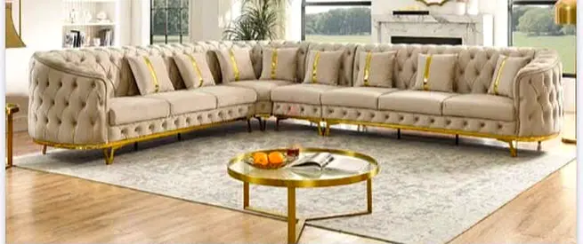 Spacious L-shaped Tufted Velvet Corner Sofa with Gold Accents