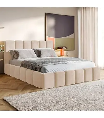 profile upholstered king-size bed frame with padded headboard (beige)
