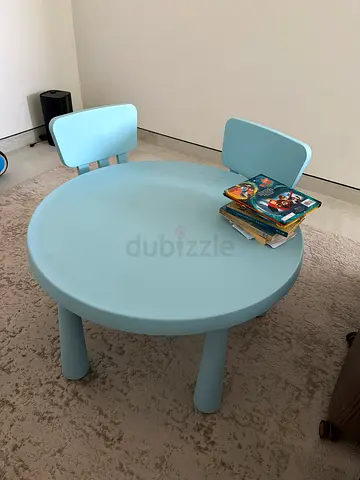 IKEA kids round table with two chairs - light blue, good condition