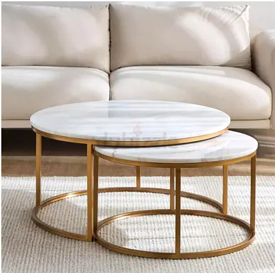 Set of 2 Round Marble Top Nesting Coffee Tables with Gold Frame