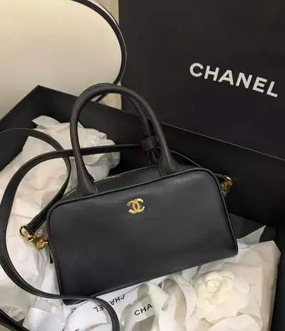 Chanel Mini Bowling Bag with Strap Black Calfskin Gold Hardware