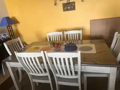 Wooden 6-Seater Dining Table with Chairs - Light Grey, Good Condition