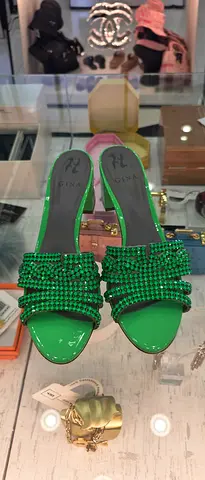 Green beaded open-toe slip-on heels, size unknown - gently used