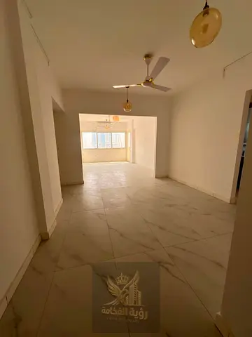 For rent in Al Majaz 2 Sharjah, brand new three bedroom apartment with large layout and balcony, first tenant after renovation. AED 45,000 in 6 cheque