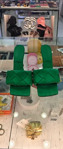 Green woven padded slide sandals - size not labelled, lightly used