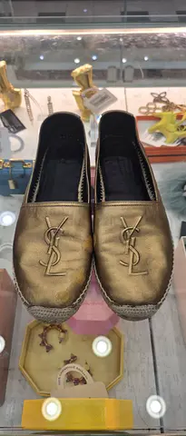 Used Yves Saint Laurent logo espadrille flats - gold, size unknown