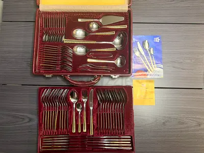 Vintage SBS BESTECKE SOLINGEN 24 Karat GOLD TRIM FLATWARE Set Berlin Pattern
