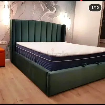 Upholstered King Size Bed Frame with High Padded Headboard - Dark Green
