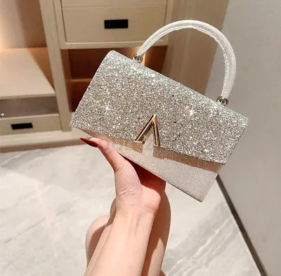 Silver Glitter Top-Handle Evening Bag with Gold V Clasp