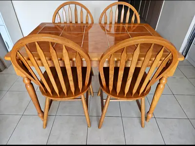 Solid Wood 4-Seater Dining Table with Tile Inlay and 4 Chairs