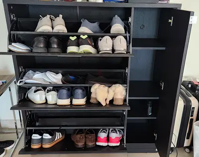 Multi-tier shoe cabinet with side shelves - good condition