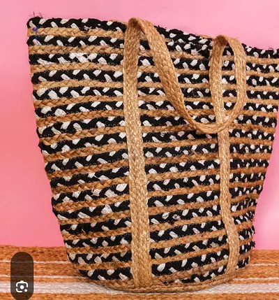 Handwoven Straw Beach Tote Bag - Black & Natural Stripes