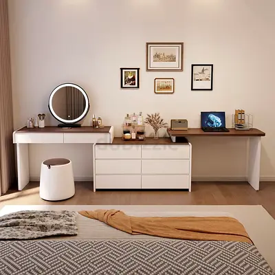 Modern bedroom dresser with integrated desk and vanity