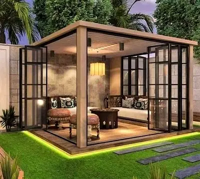 Modern outdoor pergola / garden pavilion with sliding glass panels