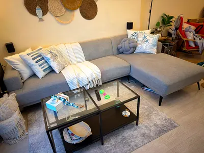 Modern L-shaped Grey Fabric Sofa with Chaise — Good Condition ( Without Pillows)