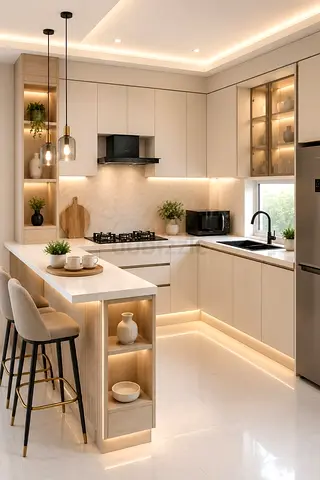 Modern L-shaped Kitchen cabinets with Island and Built-in Lighting