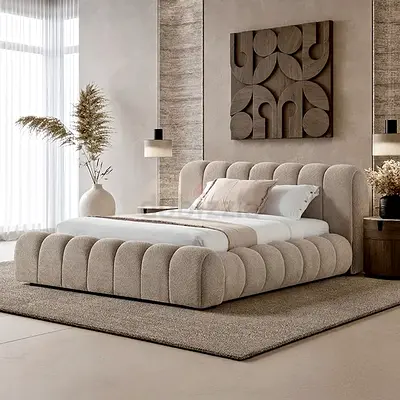 Modern Upholstered Channel Bed Frame in Beige