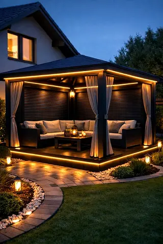 Modern Outdoor Pergola with Seating and LED Lighting
